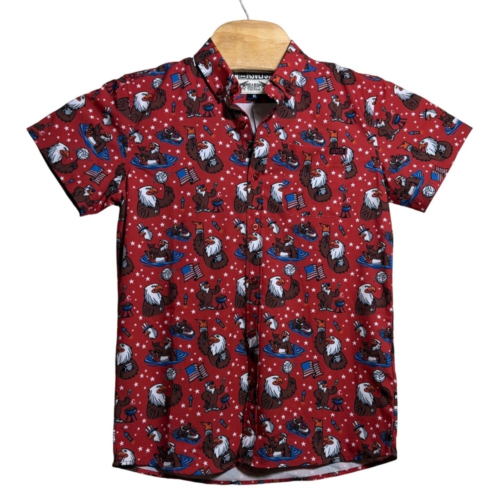 RSVLTS Kids XL Red Patriotic Eagle Short Sleeve Button Down Shirt Americana